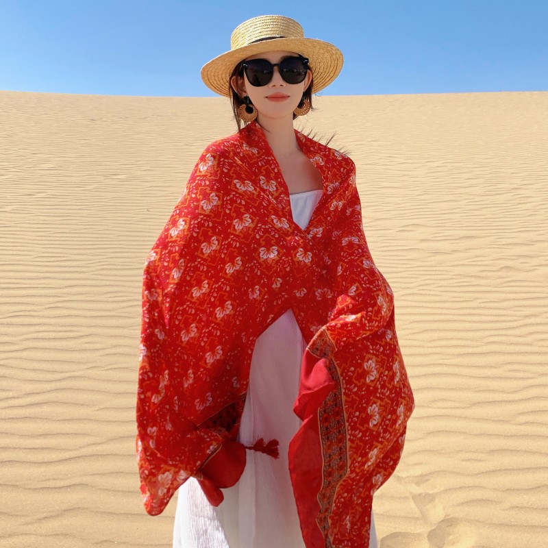 Estilo étnico retro rojo pequeña flor de viaje protector solar chal de algodón y lino siente bufanda de seda primavera y otoño delgada Toalla de playa al aire libre