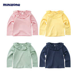 minizone儿童长袖纯棉t恤春秋中大童糖果色娃娃领上衣打底女宝