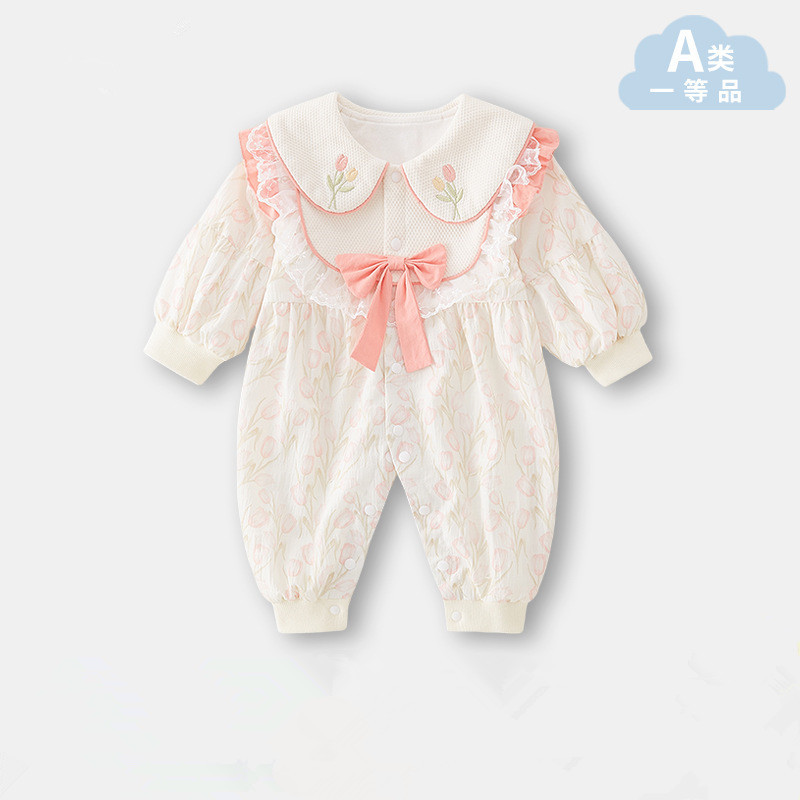 Primavera y otoño nuevo estilo ropa de una pieza para bebés narcisos mangas de linterna recién nacido mameluco de estilo occidental bebé saliendo gatear