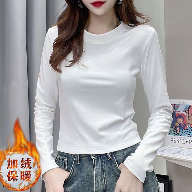 2025新款秋冬正肩短款白色打底衫女内搭修身洋气加绒长袖T恤上衣|undefined