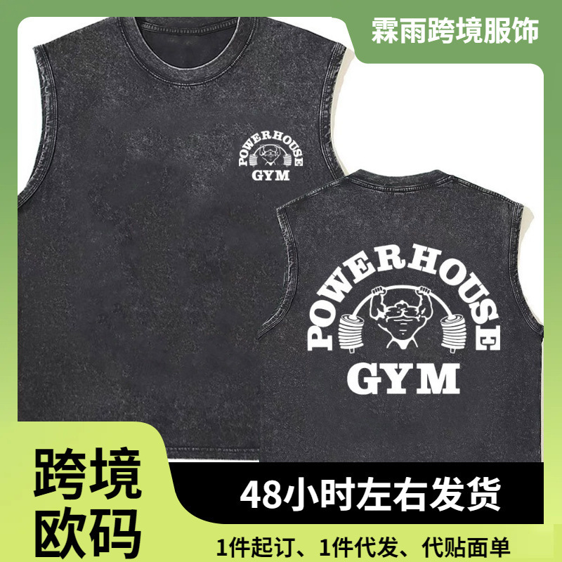 Washed Vintage Power Gym Logo Double-Sided Printed Tank Top T-Shirt for Men and Women Casual Oversized Geek Fitness