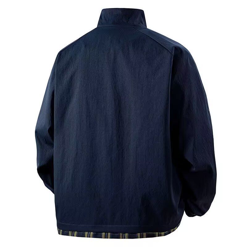 Outdoor-Sportjacke für Herren, kontrastierende karierte Patchwork-Arbeitsjacke mit Revers_voghion.com