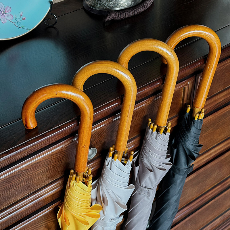 Japanese Style Simple Double Long Handle Umbrella Solid Wood Curved Hook Automatic Umbrella Sunny and Rainy Dual-use Couple Straight Umbrella Can Add Advertising