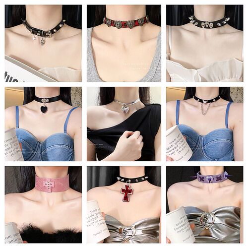 Elegant European and American Leather Butterfly Collar Necklace for Women, Metal High-End Lock Chain Necklace for Men, Star-like Personality Jewelry, Yiwu Accessory Wholesale
