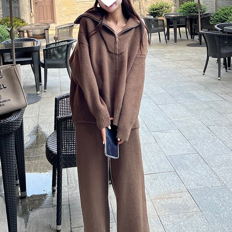 韩系慵懒风拉链针织套装女秋冬新款加厚宽松大码休闲阔腿裤两件套