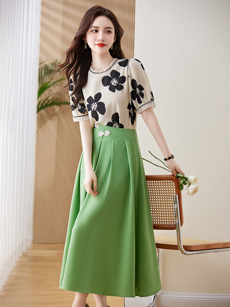 TR36338# 气质优雅舒适透气印花上衣高腰A字纯色中长款半裙两件套 服装批发女装批发服饰货源