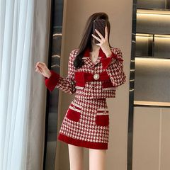 2025春秋女装红色名媛小香风套装高级感小洋装半身裙两件套小个子