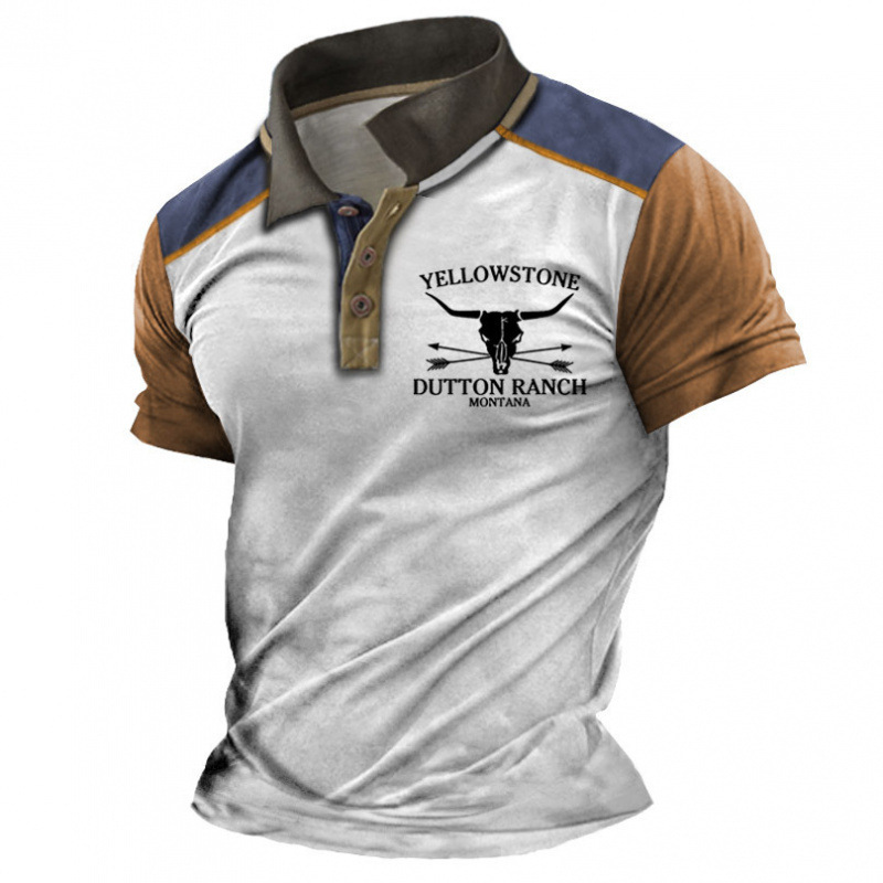 2026 Cross-Border European Size Men's Vintage Bull Print Color-Block Polo Collar Short Sleeve T-Shirt, Casual and Versatile