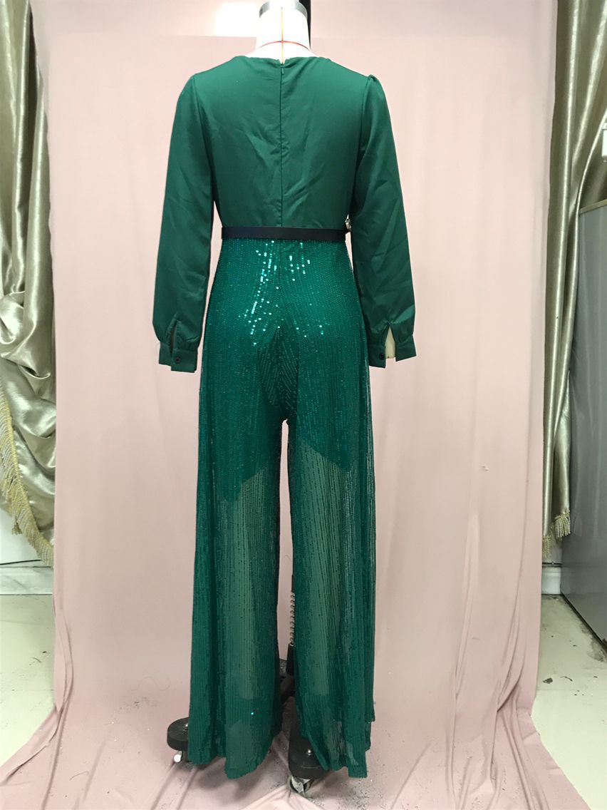 Elegant Women's Jumpsuit With Sequin Detail And V-neck Design_voghion.com