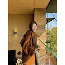 ins韩系秋冬季复古可爱减龄连帽斗篷小个子双面羊毛短款大衣外套