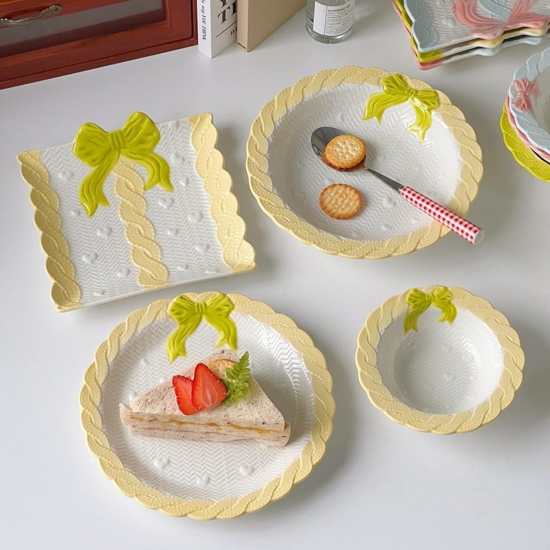 ガーリーハートリボンレースセラミックプレートライスボウルインケーキスナックプレートガーリーハートプレート高価値食器|undefined