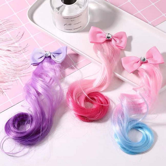 Cross-border Children's Gradient Wig Bow Hairpin Headwear Girls' Long Hair Decoration Hairpin Colored Hair Accessories