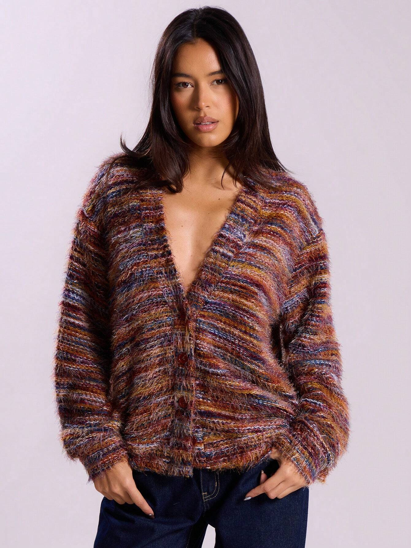 Vintage Plüsch Strickjacke Mit Tiefem V-ausschnitt Langarm_voghion.com