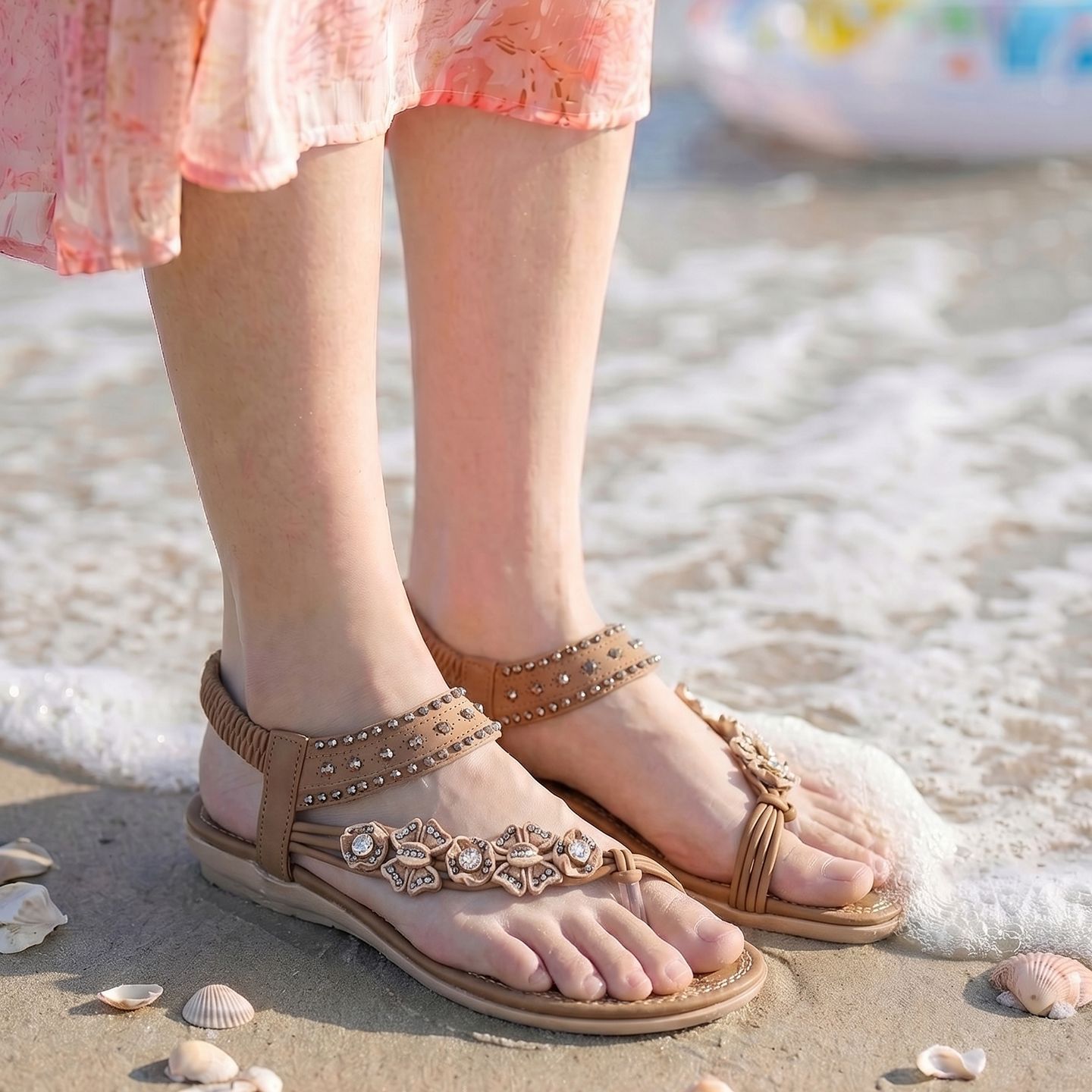 Women's Shoes, Summer Fashion Beach Vacation Flat Sandals With Beaded Toe Straps_desvips.com