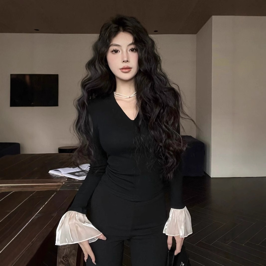 [Factory in stock] Spice Girls Style V-Neck Stitching Horn Sleeve Tight fleece-lined Shoulder Pad Black Base Shirt T-shirt