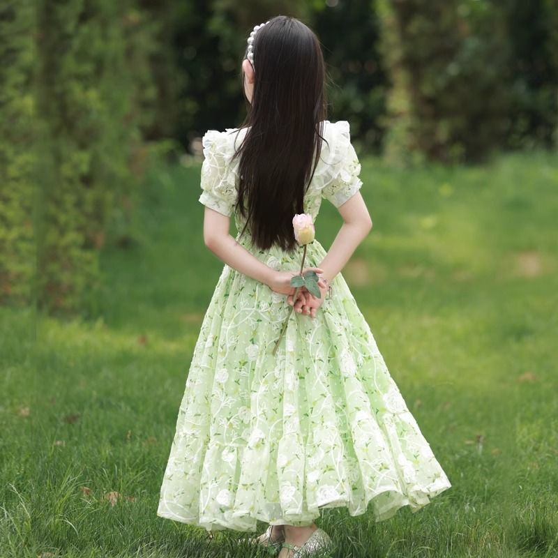 女の子花柄ドレス 2025 新しい夏の子供のプリンセスドレス女の子ファッショナブルなスカート大きな子供のシフォンロングスカート|undefined