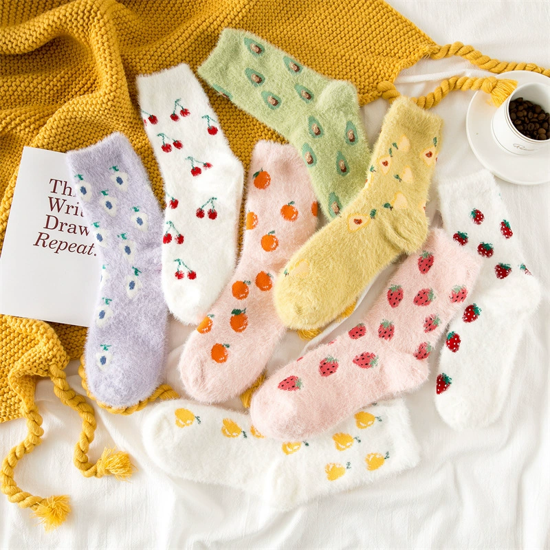 Осенне-зимние носки, женские носки до середины икры из серии с фруктами, милые носки до середины икры в стиле ins, модные женские бархатные носки до середины икры