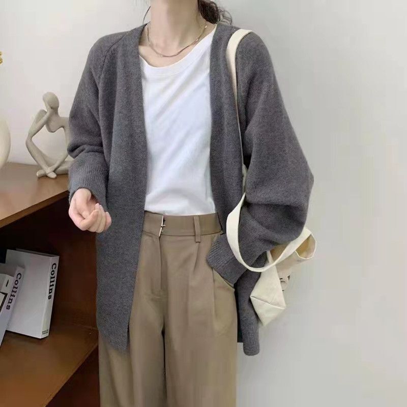 Retro Pure Color Sweater Jacket Women's Cardigan Spring & Fall 2025 New Loose Lazy Style Outer Collar Knitted Top