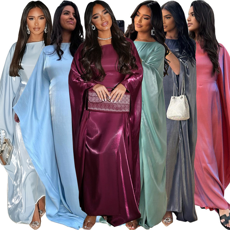 St018 New 2026 Foreign Trade Cross-Border Modest Fashion Shiny Satin Design Waist-Cinching Pullover Dress