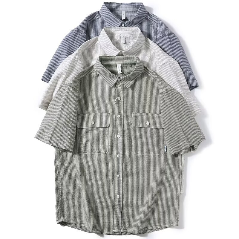 Summer Style Loose Casual Fine Striped Turn-Down Collar Short-Sleeve Shirt for Men, Japanese Retro Flap Pocket Work Shirt for Men Summer Style Loose Casual Fine Striped Turn-Down Collar Short-Sleeve Shirt for Men, Japanese Retro Flap Pocket Work Shirt for Men