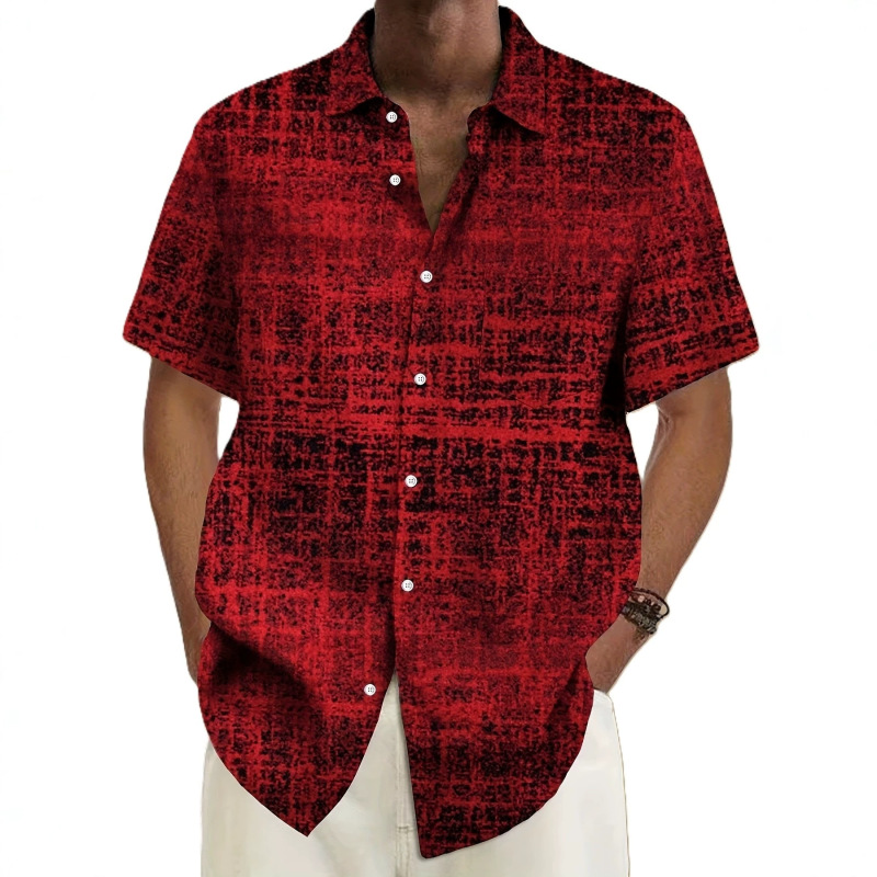 Summer Men's Red and Black Textured Short-Sleeved Shirt, Retro Tweed Plaid Lapel Shirt, Loose Casual Summer Style Summer Men's Red and Black Textured Short-Sleeved Shirt, Retro Tweed Plaid Lapel Shirt, Loose Casual Summer Style