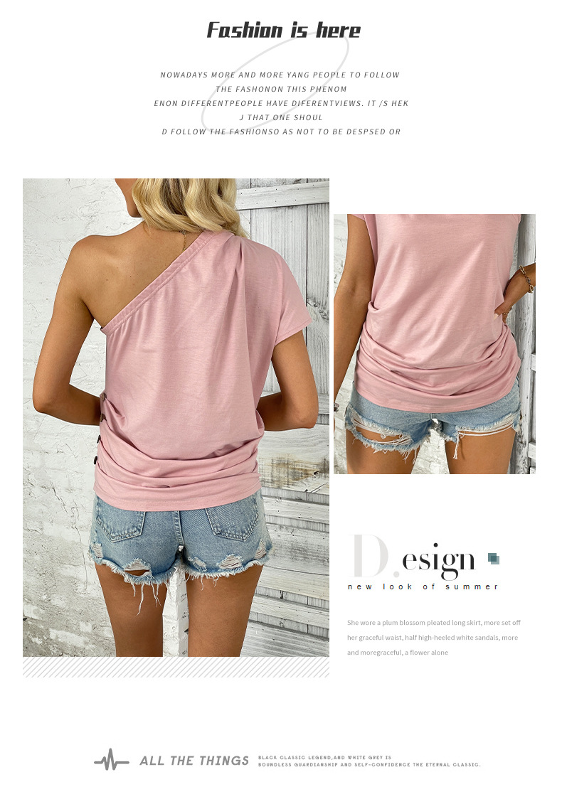 Pink Off-shoulder One-shoulder Casual T-Shirts_voghion.com