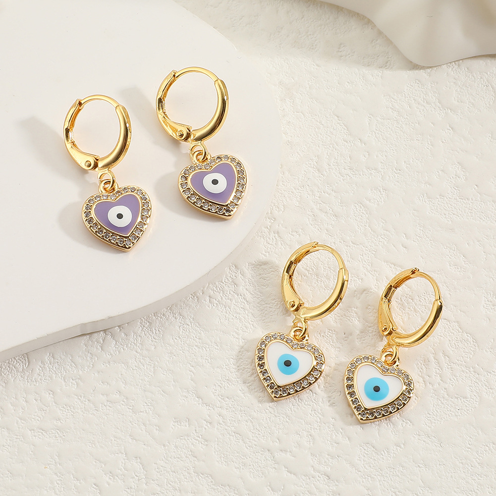 Cute Heart Shape Copper Gold Plated Zircon Drop Earrings 1 Pair