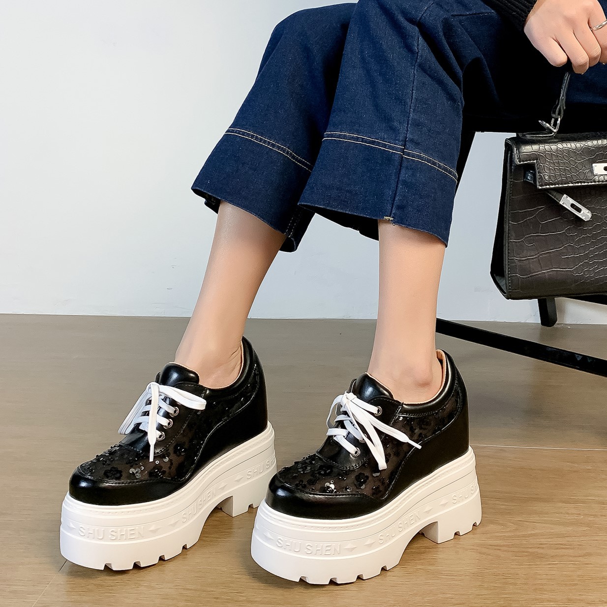 Giày sneaker nữ đế dày lưới thoáng khí, phối dây buộc phong cách loafer đế xuồng — Trắng 12cm, Trắng 15cm, Đen 12cm, Đen 15cm