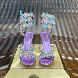 2026新款仙女风水钻花朵缠绕高跟凉鞋法式露趾细跟性感彩钻女鞋