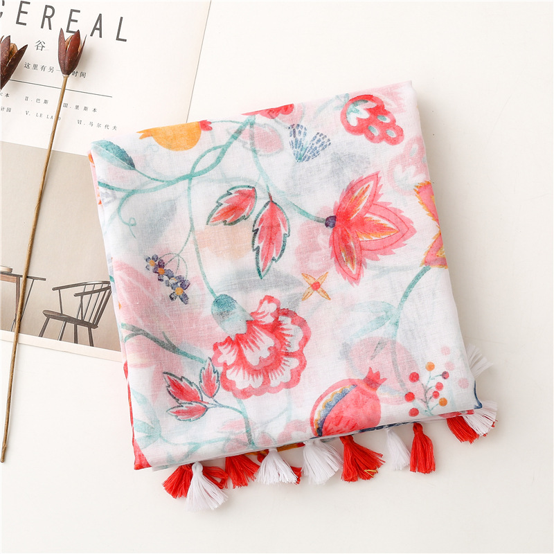 Geometric Pattern Cotton And Linen Scarf Red Petals Dragon Fruit Tassel Scarf Shawl