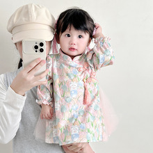 婴儿新中式连衣裙2025秋季女宝宝公主裙子春秋女童网纱碎花裙3858