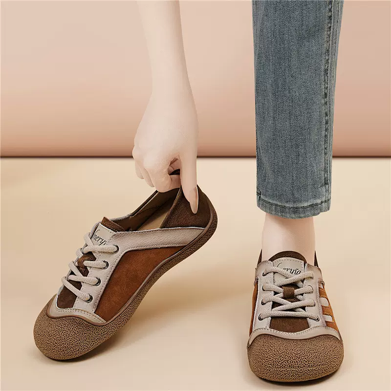 复古文艺风拼色德训鞋女圆头新款舒适轻便软底运动休闲板鞋单鞋