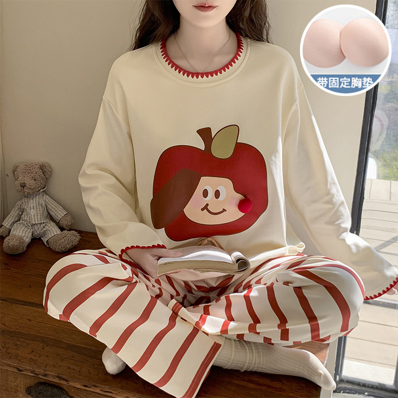 Spring New Style Imitation Cotton Long-Sleeved Pajamas for Women with Chest Pads, Casual and Sweet Girl-Style Pullover Home Clothes That Can Be Worn Outside, Wholesale Spring New Style Imitation Cotton Long-Sleeved Pajamas for Women with Chest Pads, Casual and Sweet Girl-Style Pullover Home Clothes That Can Be Worn Outside, Wholesale