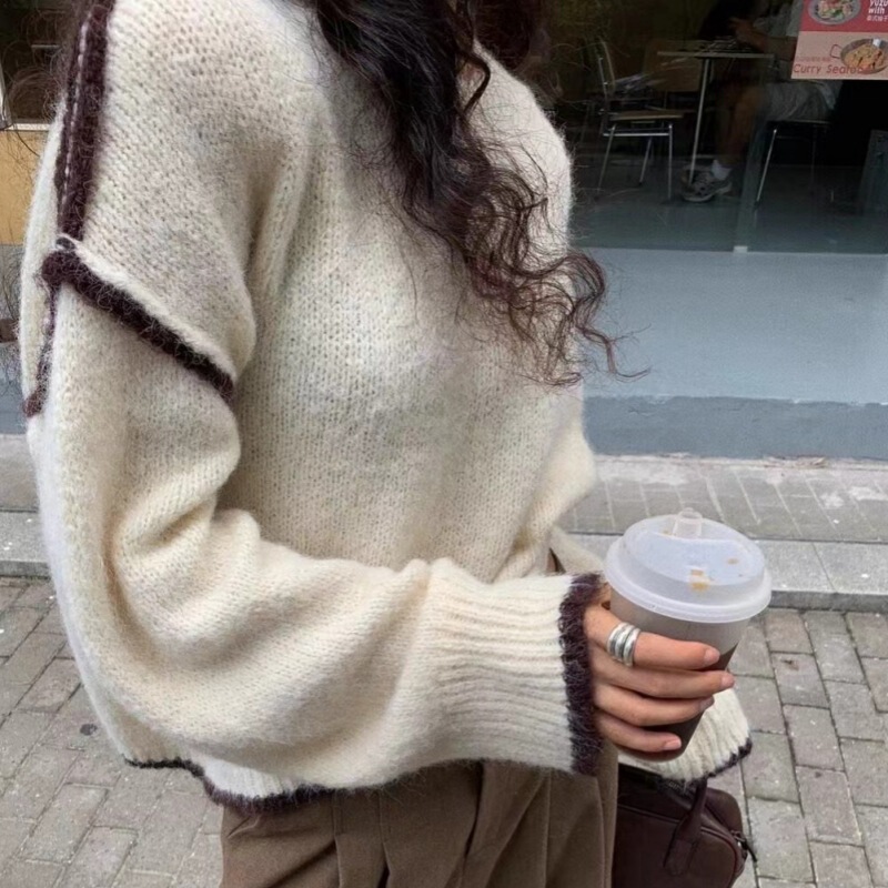 美式小众撞色不规则毛衣女2025冬季宽松慵懒风加厚圆领针织衫上衣|undefined