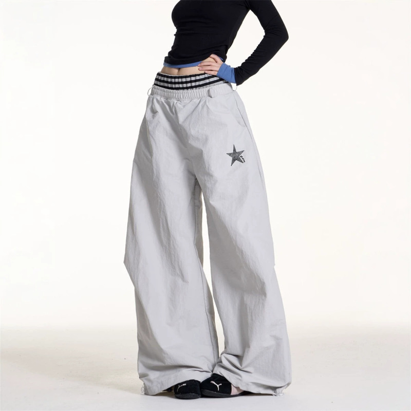 Patchwork striped double-waisted jazz dance paratrooper loose casual pants for women, pleated design wide-leg dance sports pants for women