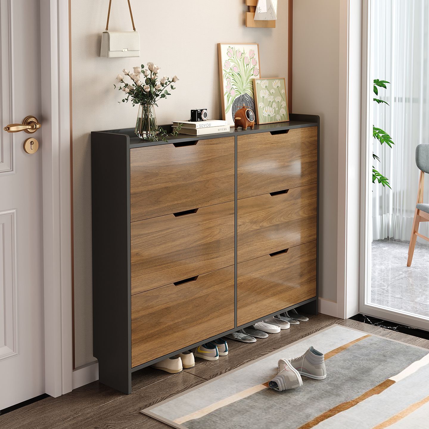 Solid Wood Ultra-Thin Tipping Bucket Shoe Cabinet for Home Entrance New 2025 Popular Entry Large-Capacity Entrance Cabinet Simple Shoe Rack