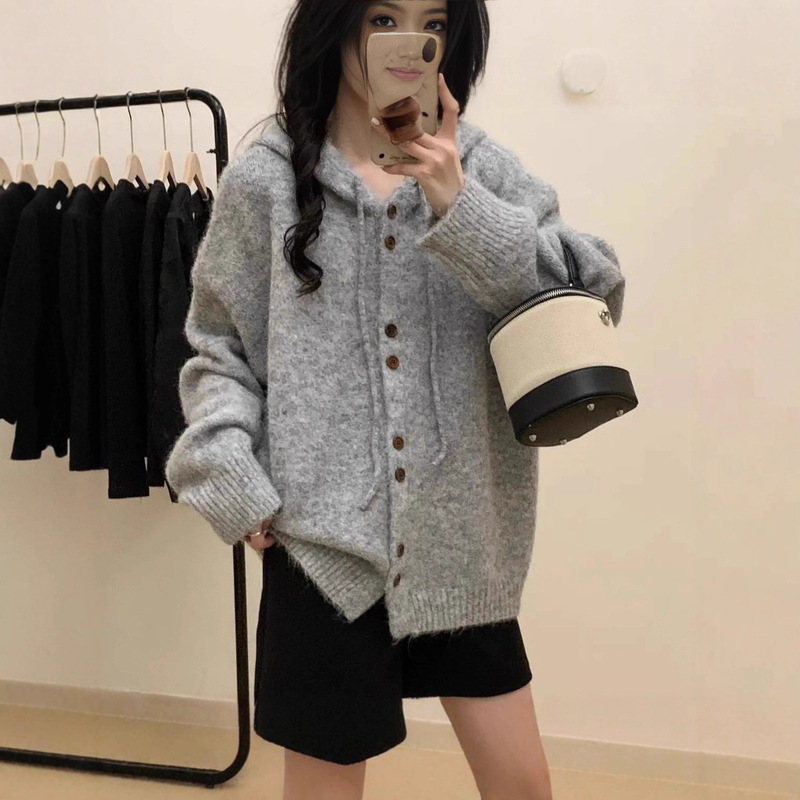 2025年秋冬季新款慵懒甜美风连帽开衫宽松毛衣针织外套女高级感上|undefined