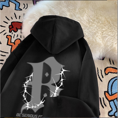 High-end versatile fashion brand trendy square shoulder winter letter suede long sleeve men's casual hoodie couple top for men