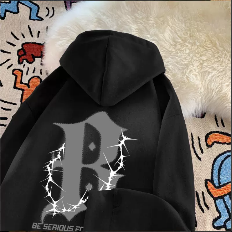 高端百搭潮牌潮流正肩冬季字母麂皮绒长袖男休闲卫衣情侣上衣男生