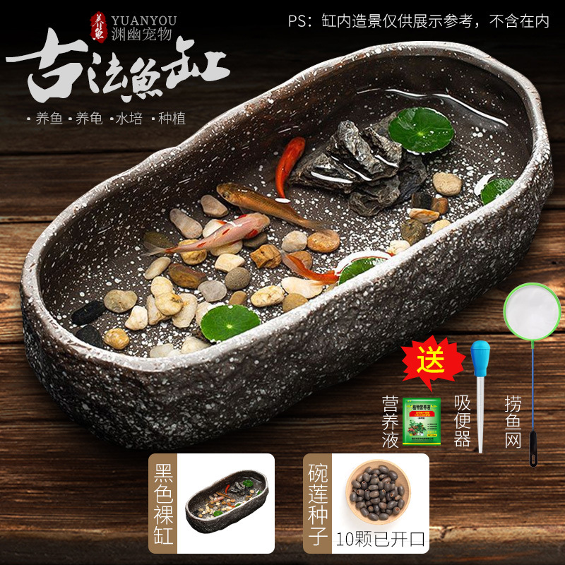 Tanque de peces antiguo, paisajismo ecológico, cuenco, lotus, lenteja de agua, lavabo de cerámica, balcón doméstico, piscina hidropónica, decoración pequeña, piedra de imitación