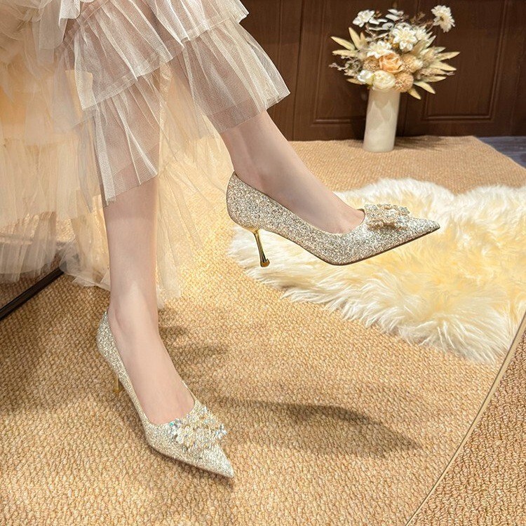 Original Niche High-End Exquisite Golden Crystal Sequin Wedding Shoes for Women, New Model, Versatile for Wedding Dresses, French Style Elegance Original Niche High-End Exquisite Golden Crystal Sequin Wedding Shoes for Women, New Model, Versatile for Wedding Dresses, French Style Elegance
