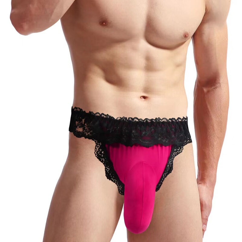 Men's sexy underwear lace translucent pleated hip lifting thong T pants front pocket three-dimensional big pocket