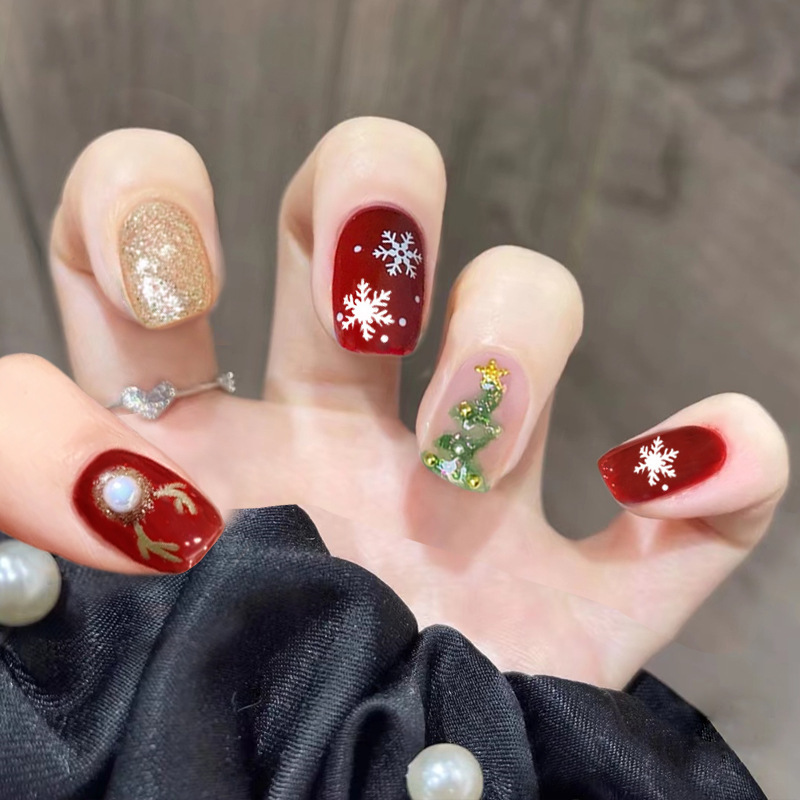 X063 Wearing Armor Christmas Pearl Glitter Elk Cyber Red Nail Patch Nail Patch Wearing Nail Art Finished Women