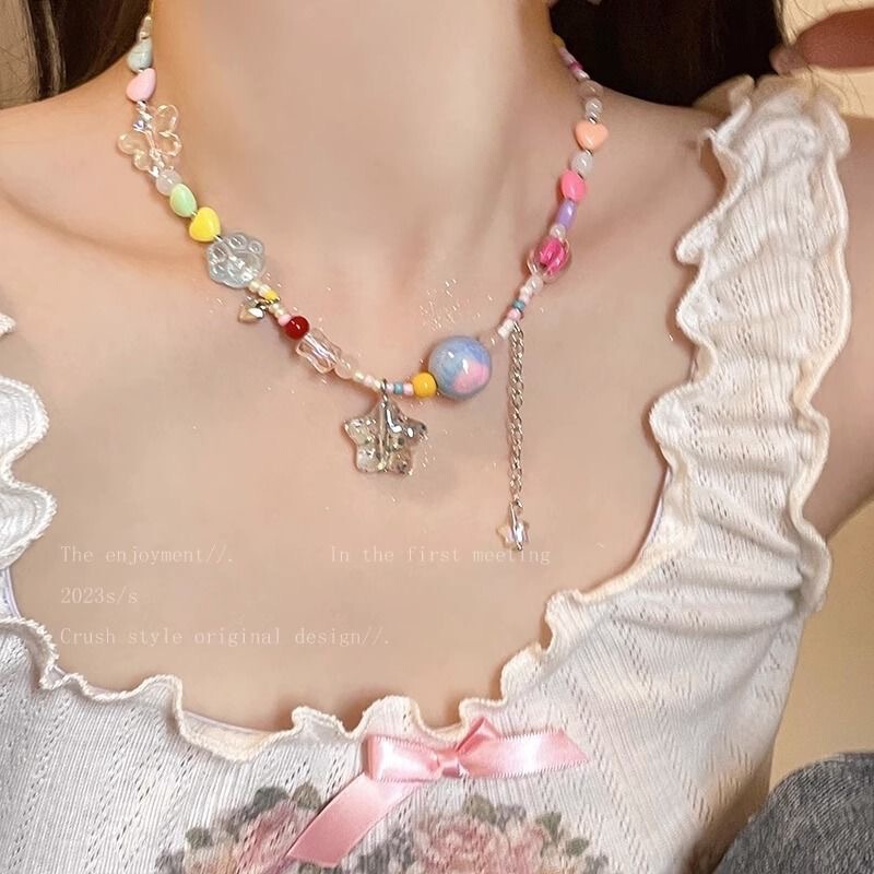 Knock Cute ~ Dopamine Color Beaded Necklace Female Sweet Cool Spice Girls Ins Style Clavicle Chain Small Internet Celebrity Accessories