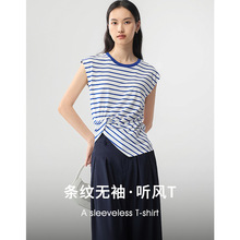 条纹纽带无袖上衣宽肩撞色修身无袖T恤休闲青春夏季新款