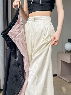 批发货源2026夏季新款新中式缎面提花冰丝裤女国风直筒窄版阔腿裤