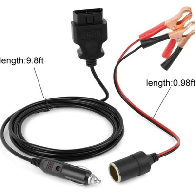 Cigarette Lighter Extension Cable (3m) with Alligator Clips, Cigarette Lighter Socket (Obd and Alligator Clips)
