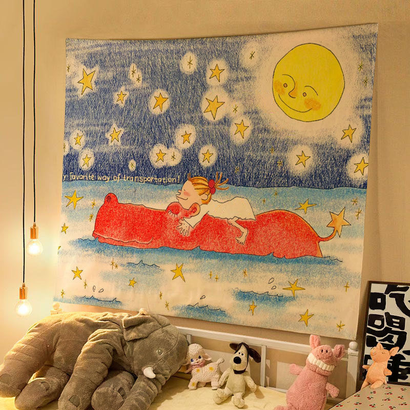 オイルパステルイラスト COCOソース かわいいおやすみ吊り布 子供部屋 寝室 壁飾り 雰囲気背景布 壁布|undefined