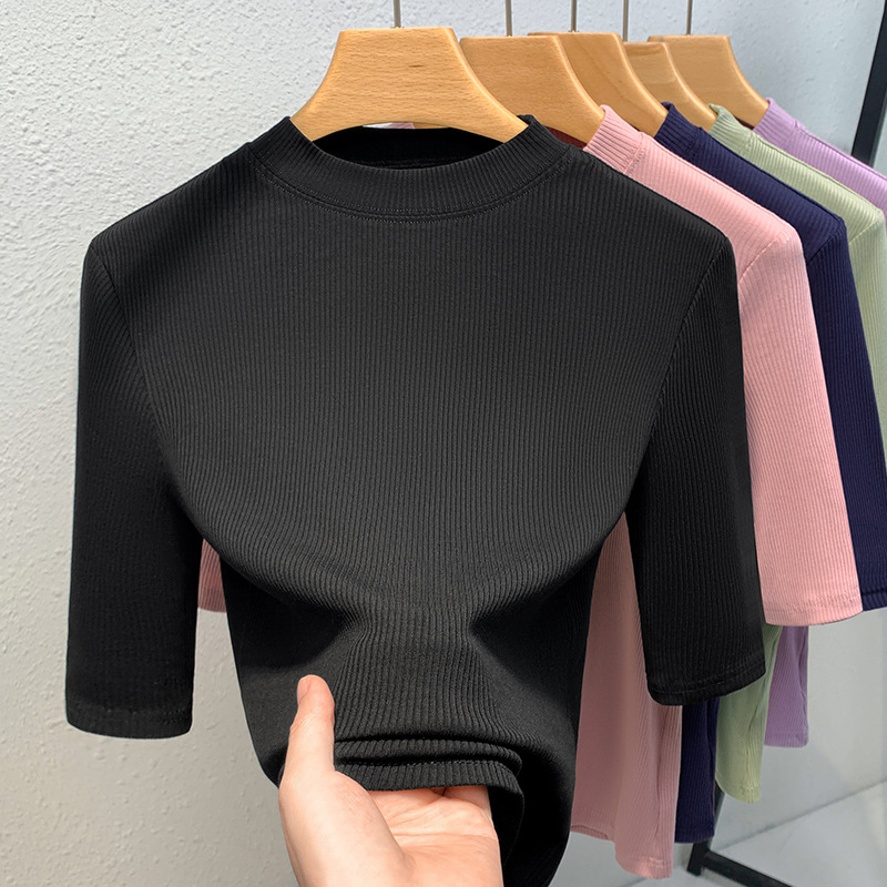Camisa de fondo de hilo de mujer 2023 nueva camiseta de media manga de cuello alto elegante para mujer Camiseta de media manga interior elástica