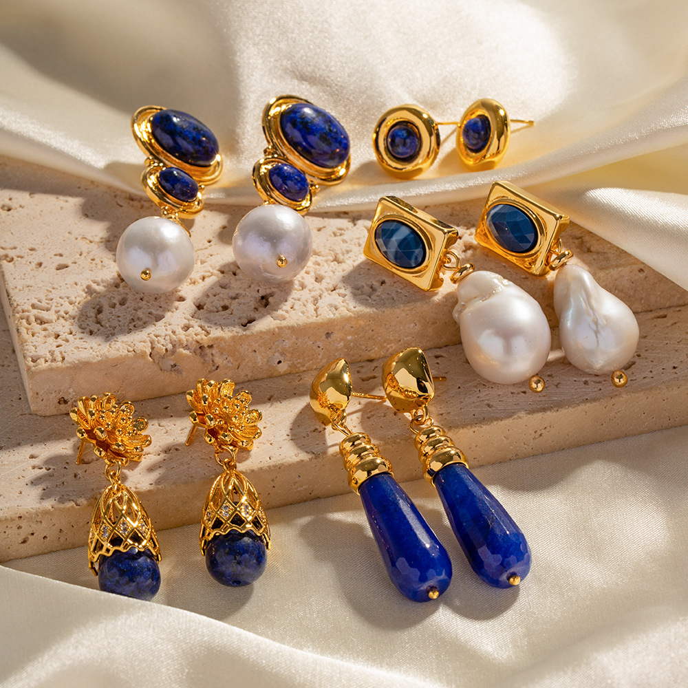 Retro Flower Lapis Lazuli Inlay Artificial Pearls Womenu0027S Drop Earrings 1 Pair